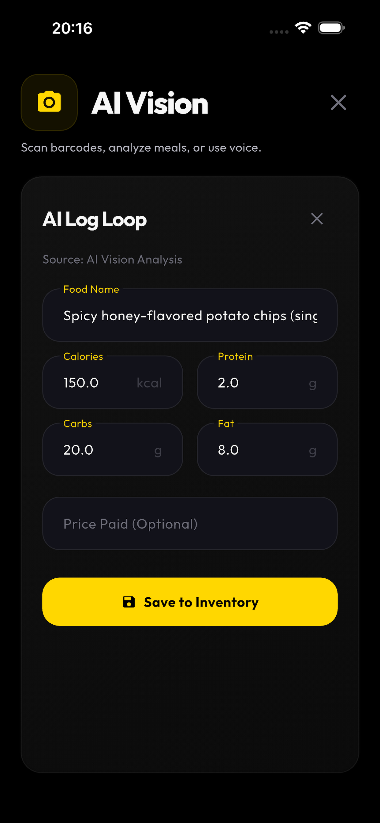 NoChefAI Beta Feature Screenshot - AI Vision Scanner showing Barcode scanning