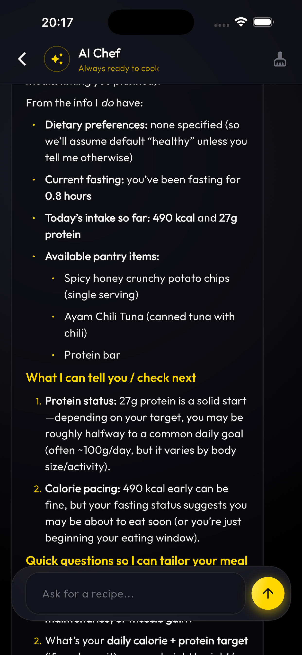 NoChefAI Beta Feature Screenshot - AI Sous Chef Chat showing Pantry-aware suggestions