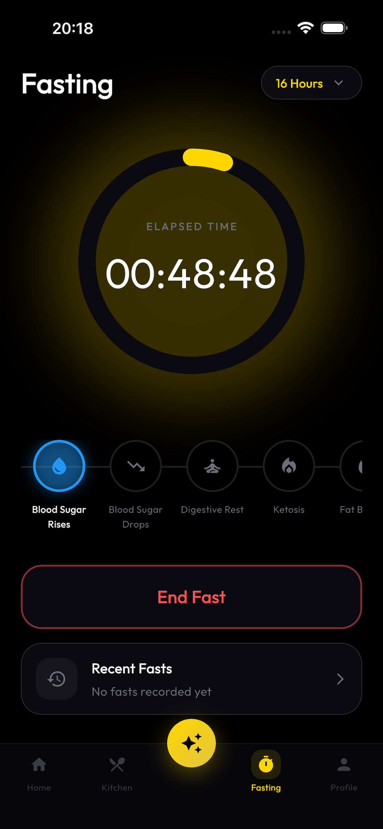 NoChefAI Beta Feature Screenshot - Intermittent Fasting Tracker showing 7 biological fasting stages